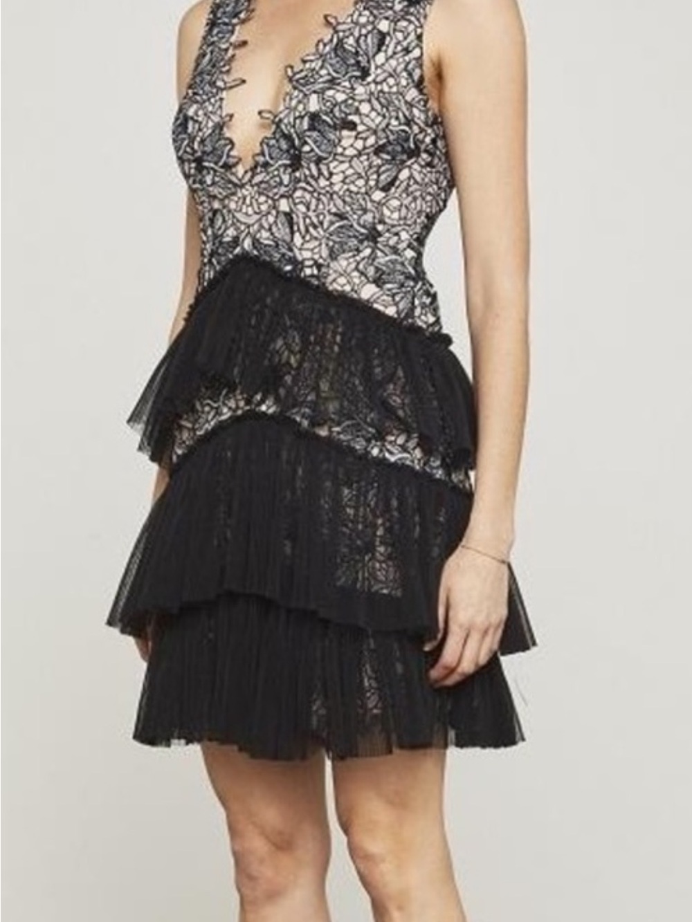 BCBGMaxAzria Black Lace & Nude Illusion Tiered Mini Dress